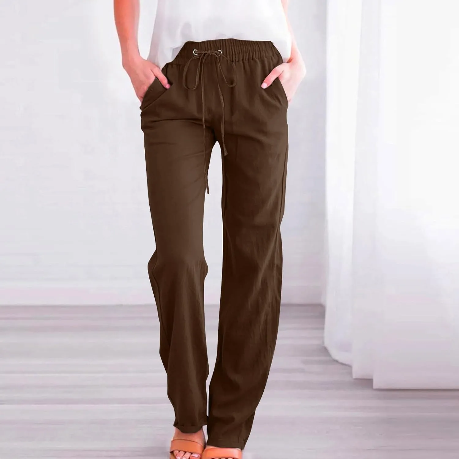 Womens Linen Blend Summer Letter Patched Pants Low Waist Wide Leg Slim Fit Trousers Office