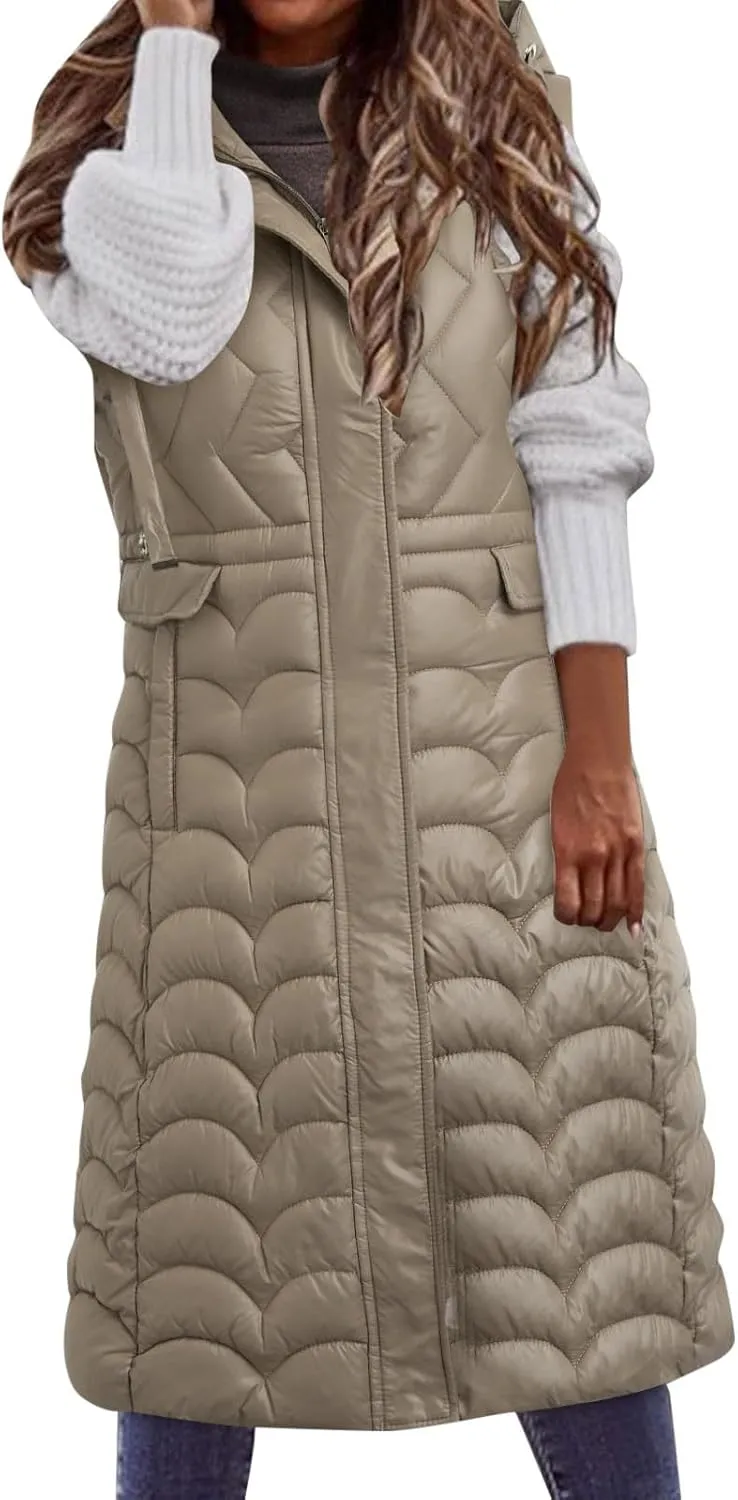 Women's Long Puffer Vest Winter Warm Sleveless Puffer Jackets Hoodies Full Zipper Down Coats Thickened Windbreakers