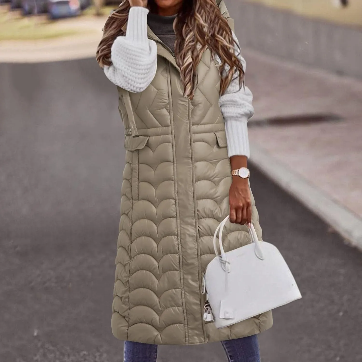 Women's Long Puffer Vest Winter Warm Sleveless Puffer Jackets Hoodies Full Zipper Down Coats Thickened Windbreakers