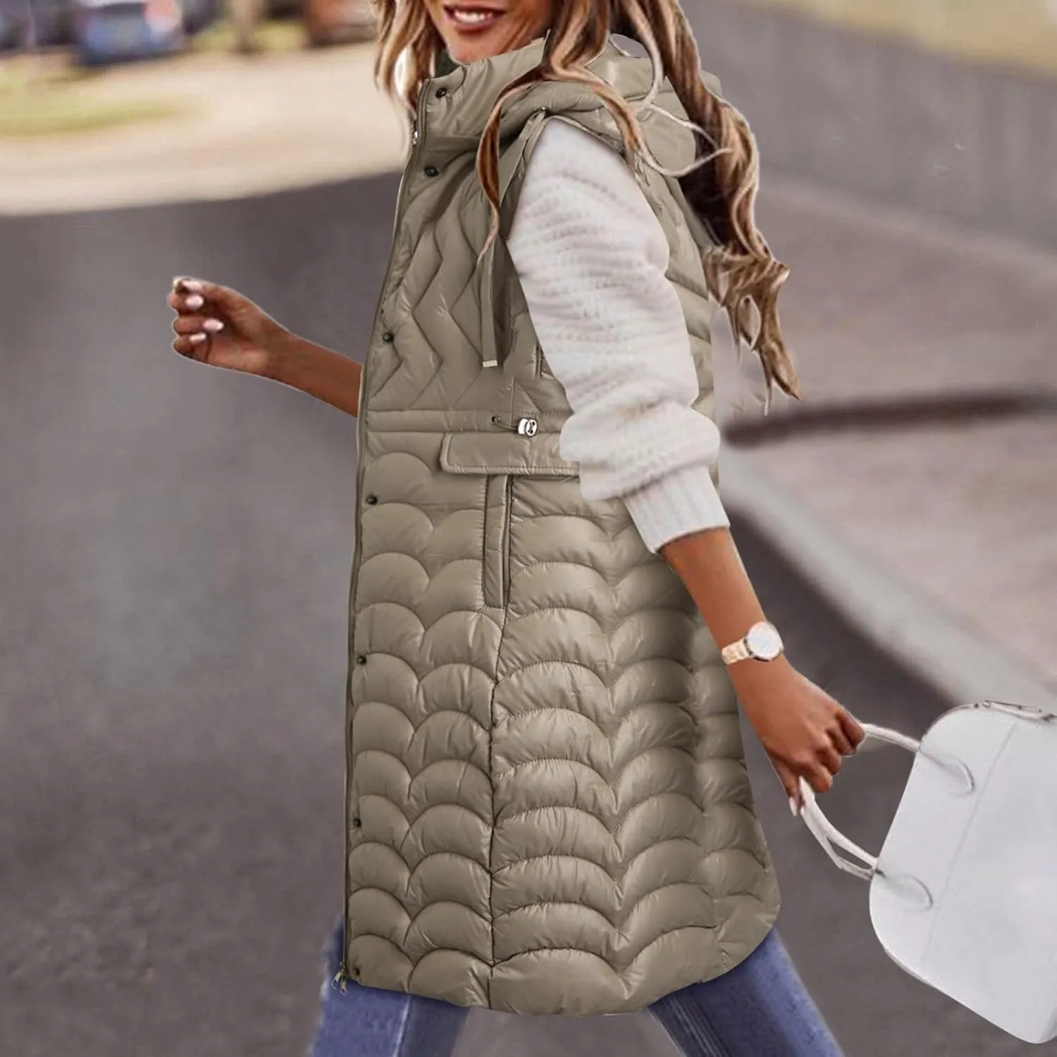Women's Long Puffer Vest Winter Warm Sleveless Puffer Jackets Hoodies Full Zipper Down Coats Thickened Windbreakers