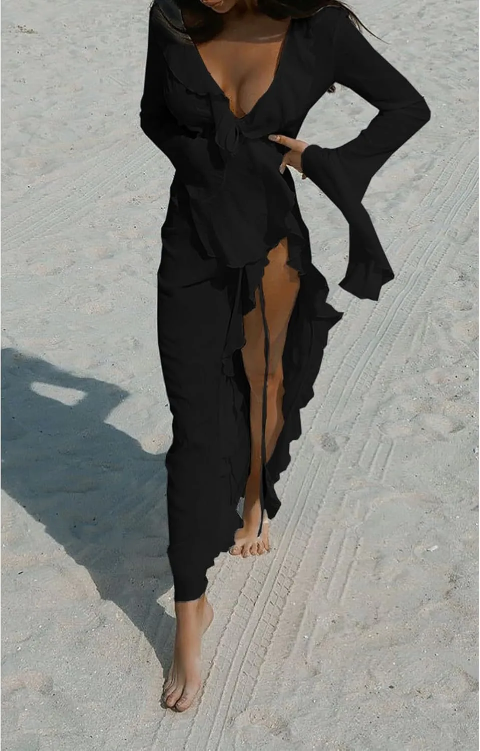 Women's Mesh Sheer Ruffle Long Sleeve Dress Cardigan See Through Robes Beach Swimsuit Cover Up Dress