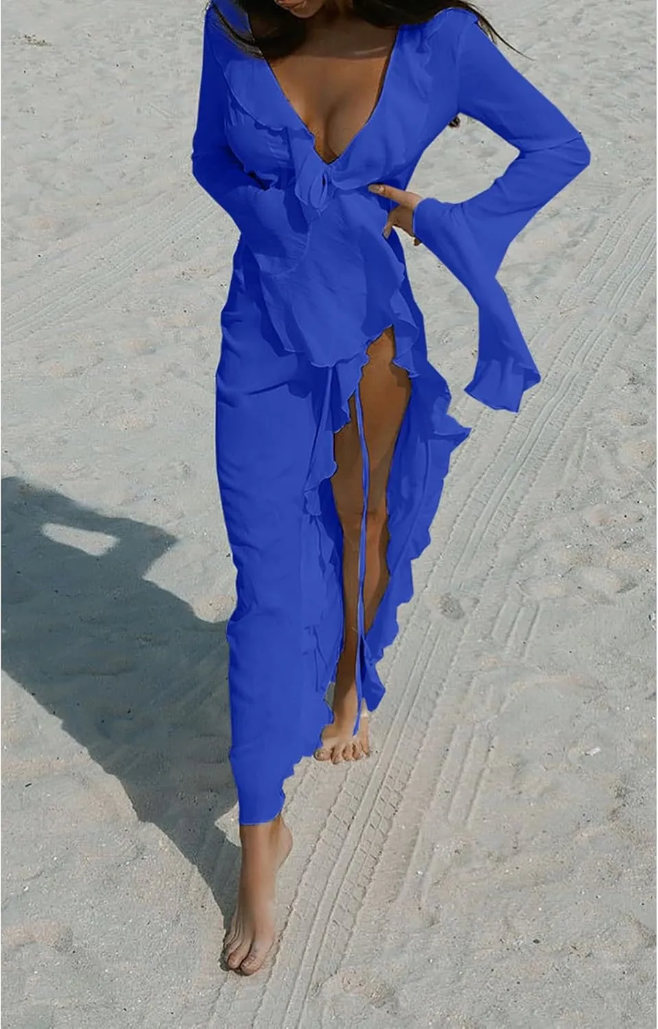 Women's Mesh Sheer Ruffle Long Sleeve Dress Cardigan See Through Robes Beach Swimsuit Cover Up Dress