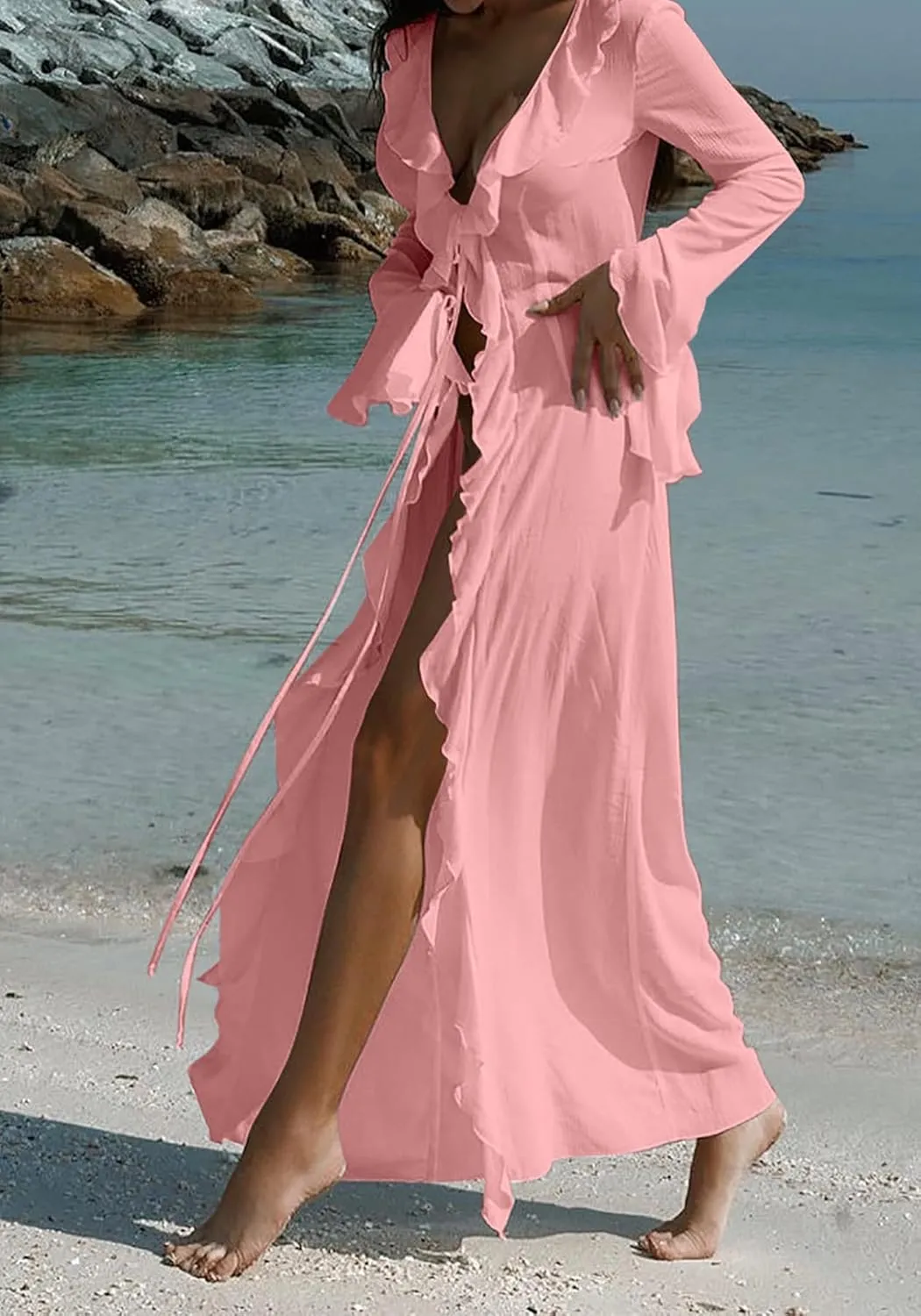 Women's Mesh Sheer Ruffle Long Sleeve Dress Cardigan See Through Robes Beach Swimsuit Cover Up Dress