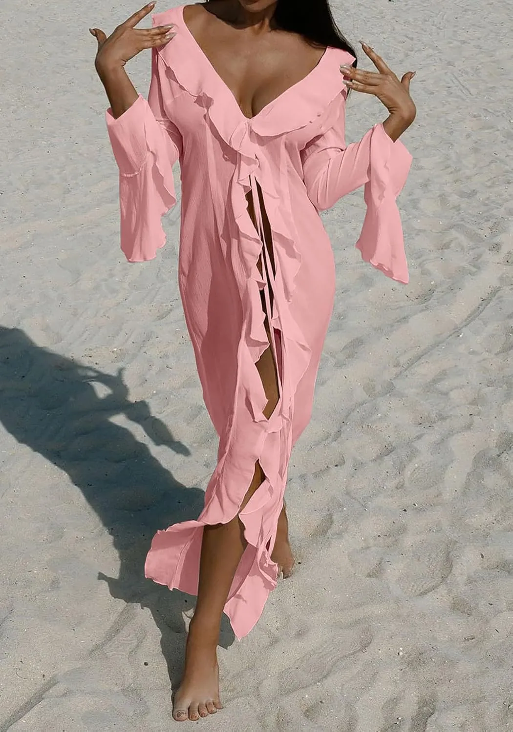 Women's Mesh Sheer Ruffle Long Sleeve Dress Cardigan See Through Robes Beach Swimsuit Cover Up Dress