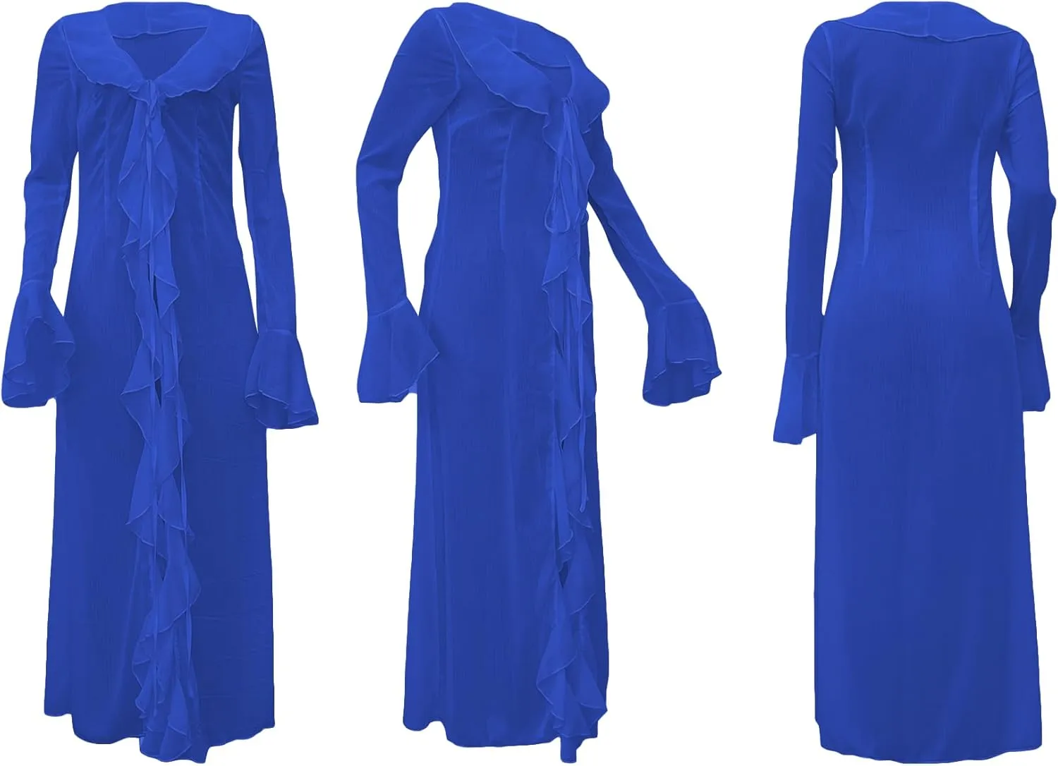 Women's Mesh Sheer Ruffle Long Sleeve Dress Cardigan See Through Robes Beach Swimsuit Cover Up Dress