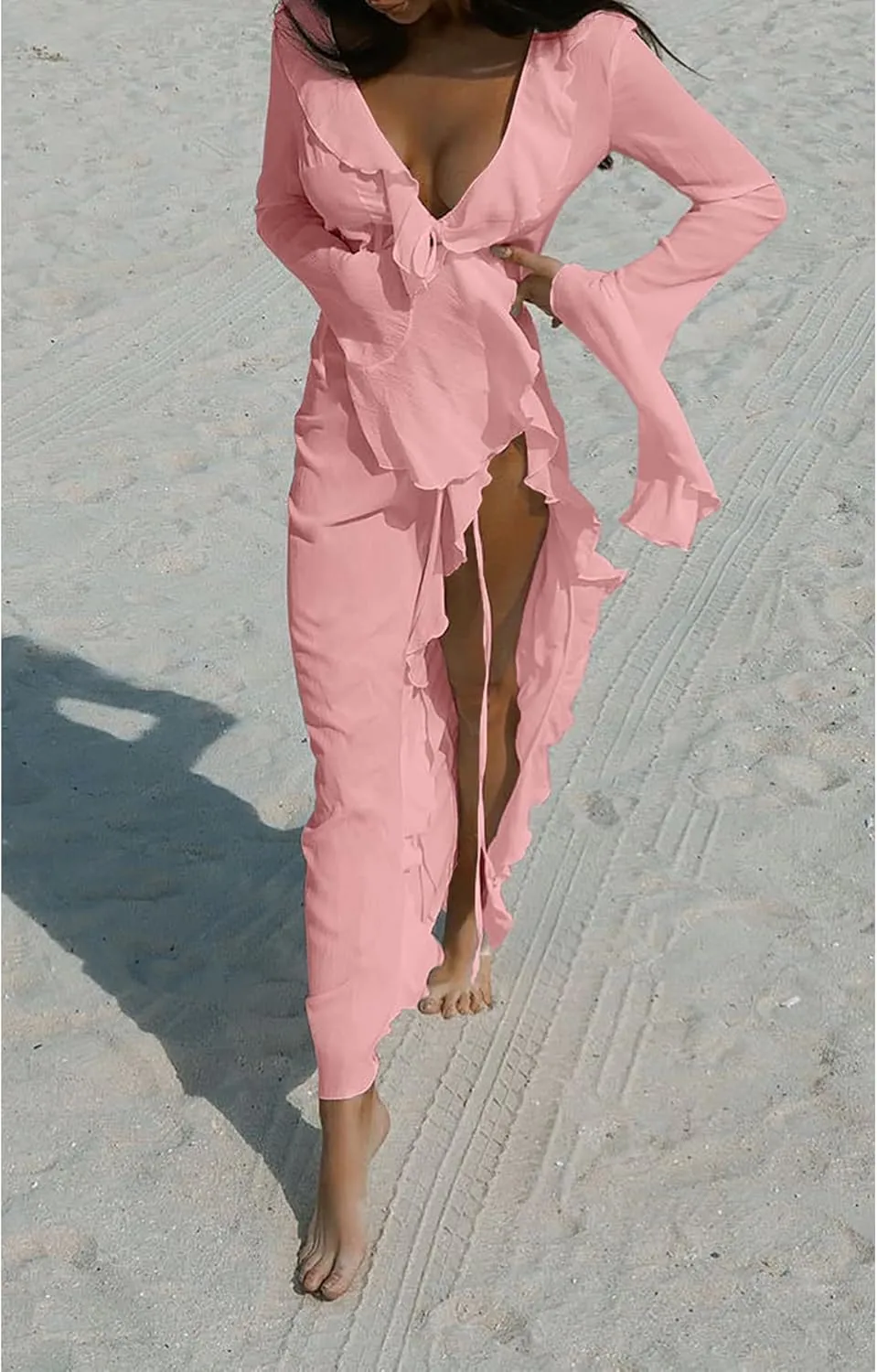 Women's Mesh Sheer Ruffle Long Sleeve Dress Cardigan See Through Robes Beach Swimsuit Cover Up Dress