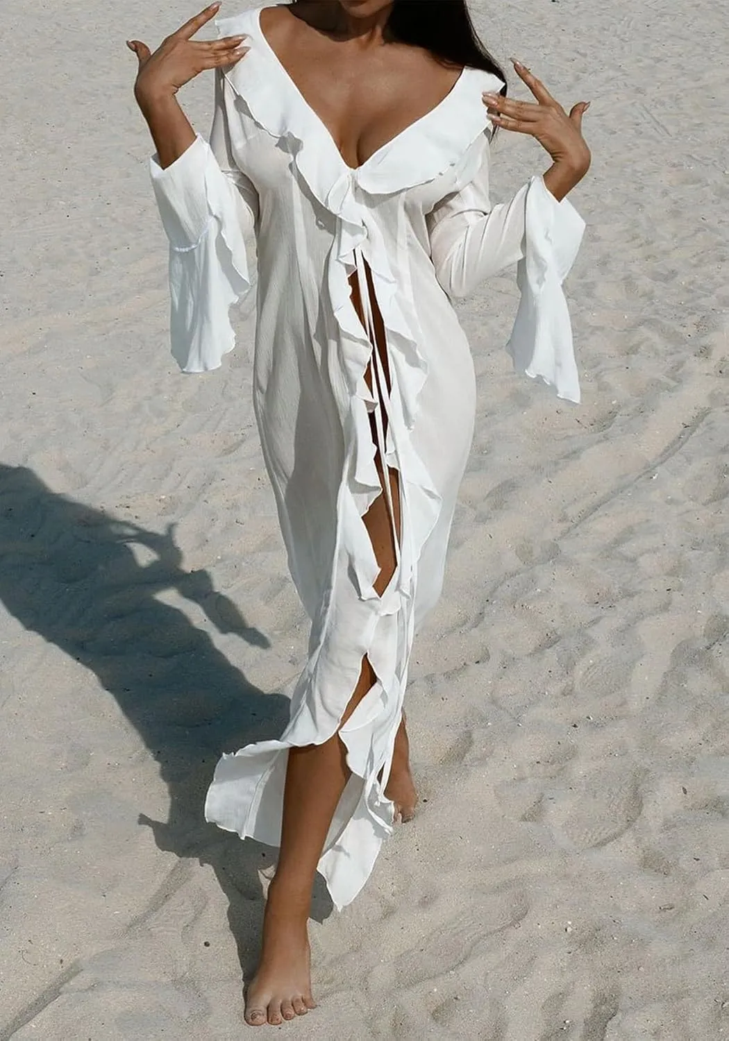 Women's Mesh Sheer Ruffle Long Sleeve Dress Cardigan See Through Robes Beach Swimsuit Cover Up Dress