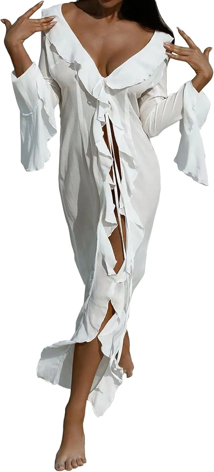 Women's Mesh Sheer Ruffle Long Sleeve Dress Cardigan See Through Robes Beach Swimsuit Cover Up Dress