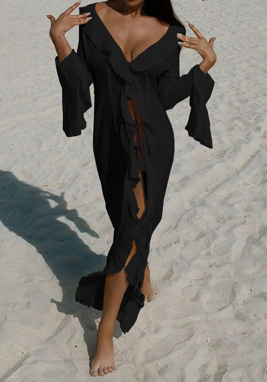 Women's Mesh Sheer Ruffle Long Sleeve Dress Cardigan See Through Robes Beach Swimsuit Cover Up Dress
