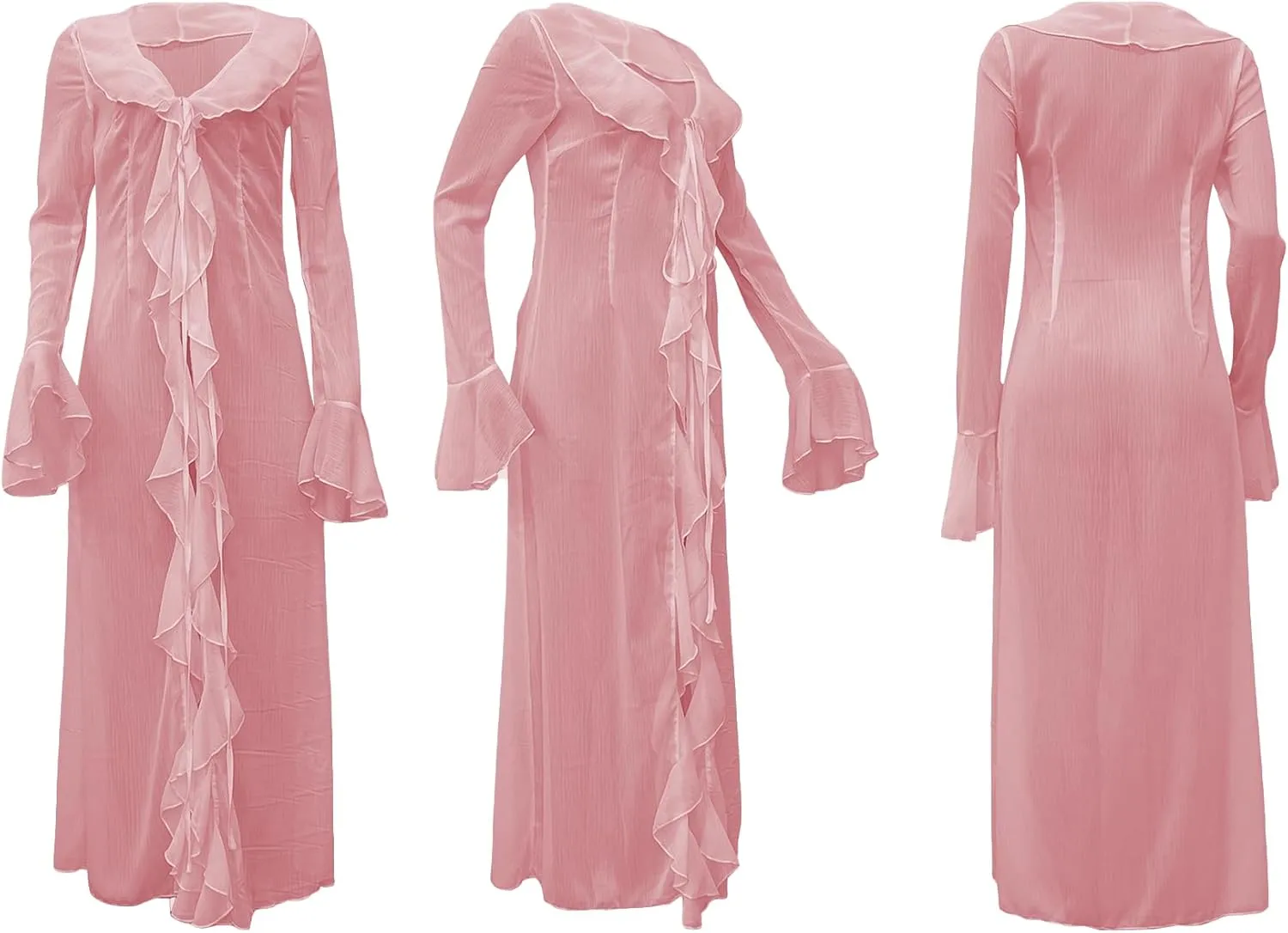 Women's Mesh Sheer Ruffle Long Sleeve Dress Cardigan See Through Robes Beach Swimsuit Cover Up Dress
