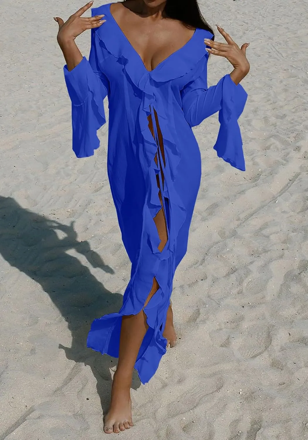 Women's Mesh Sheer Ruffle Long Sleeve Dress Cardigan See Through Robes Beach Swimsuit Cover Up Dress