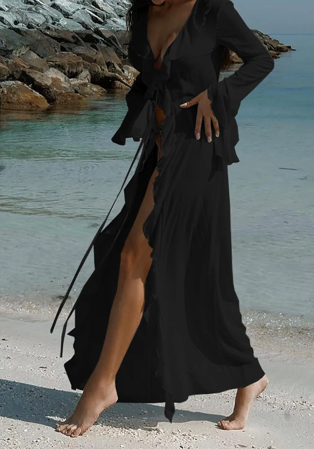 Women's Mesh Sheer Ruffle Long Sleeve Dress Cardigan See Through Robes Beach Swimsuit Cover Up Dress
