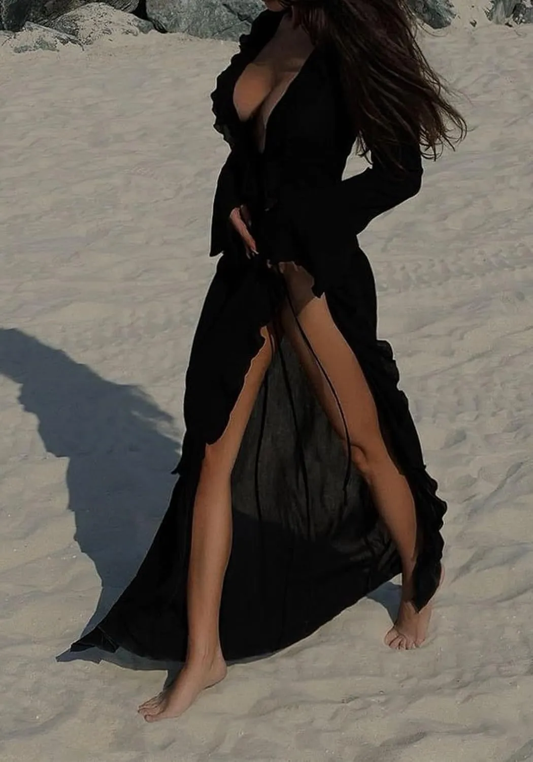 Women's Mesh Sheer Ruffle Long Sleeve Dress Cardigan See Through Robes Beach Swimsuit Cover Up Dress