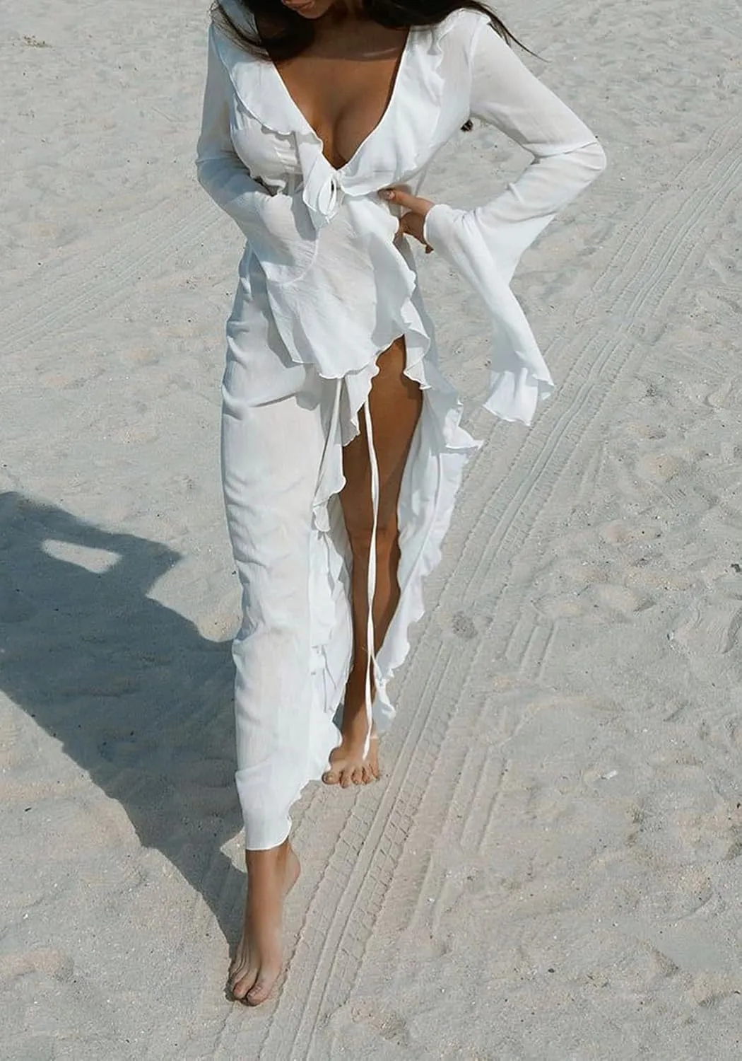 Women's Mesh Sheer Ruffle Long Sleeve Dress Cardigan See Through Robes Beach Swimsuit Cover Up Dress