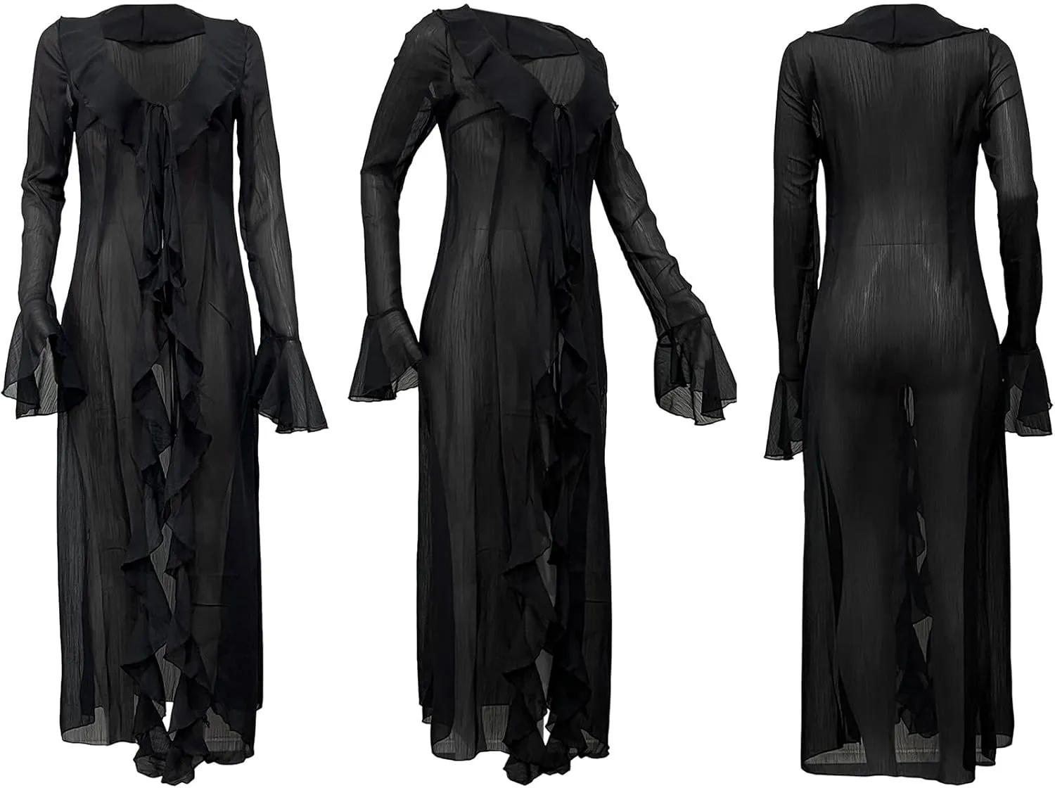 Women's Mesh Sheer Ruffle Long Sleeve Dress Cardigan See Through Robes Beach Swimsuit Cover Up Dress