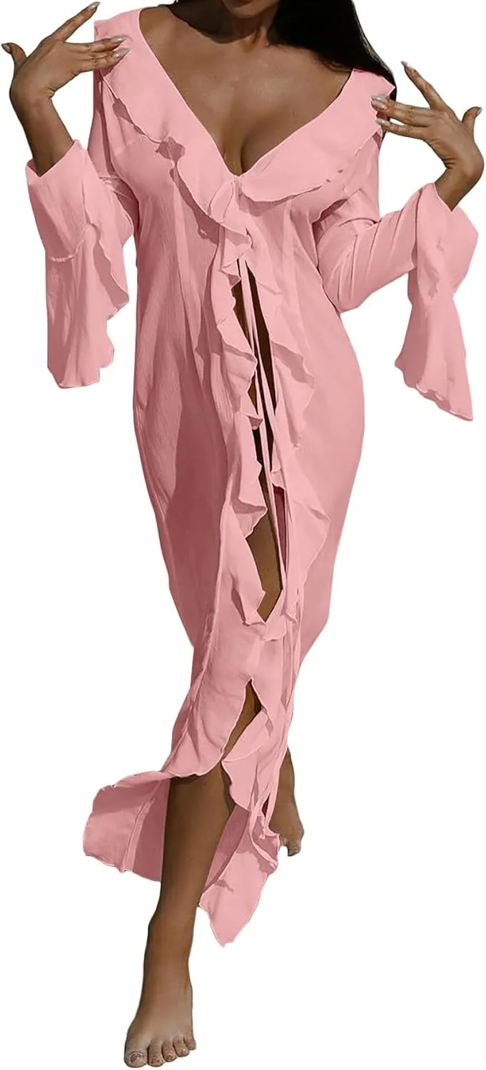 Women's Mesh Sheer Ruffle Long Sleeve Dress Cardigan See Through Robes Beach Swimsuit Cover Up Dress
