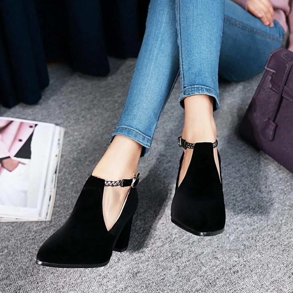 Women's Pointed Toe Chunky High Block Heel Pumps Suede T-Strap Mary Jane Comfort Office Dress Shoes