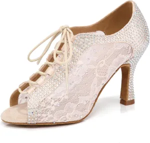 Women's Rhinestone Dance Shoes Ankle Boots Glitter Lace up Open Toe Ballroom Latin Salsa Tango Wedding Party, Model X064