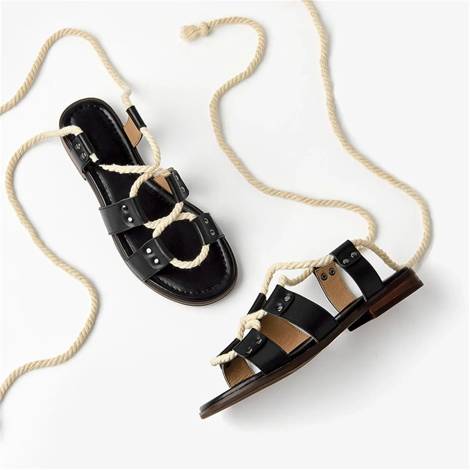 Women's Rope Lace-Up Sandals - Cow Leather Open Toe Casual Summer Flats