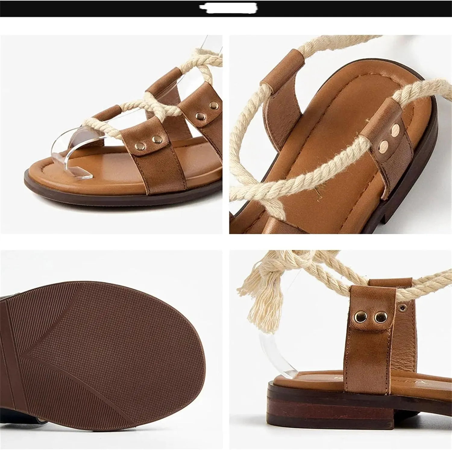 Women's Rope Lace-Up Sandals - Cow Leather Open Toe Casual Summer Flats