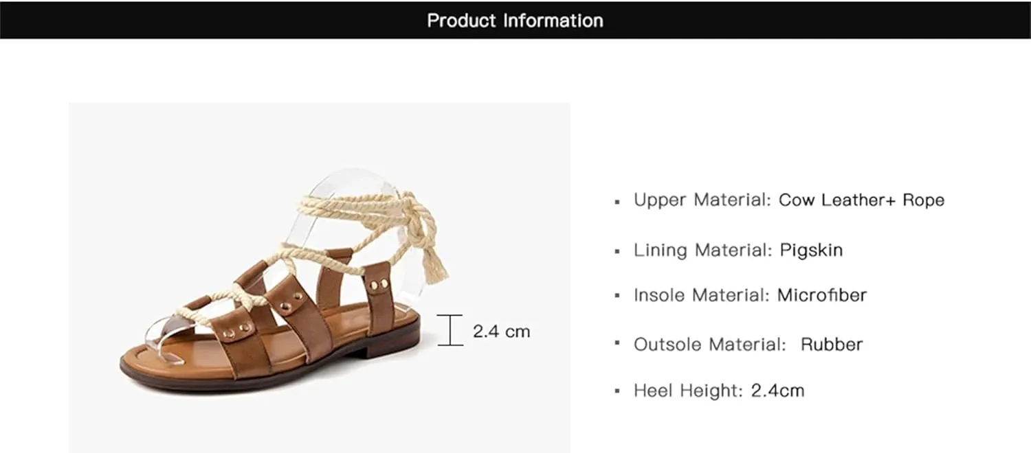 Women's Rope Lace-Up Sandals - Cow Leather Open Toe Casual Summer Flats