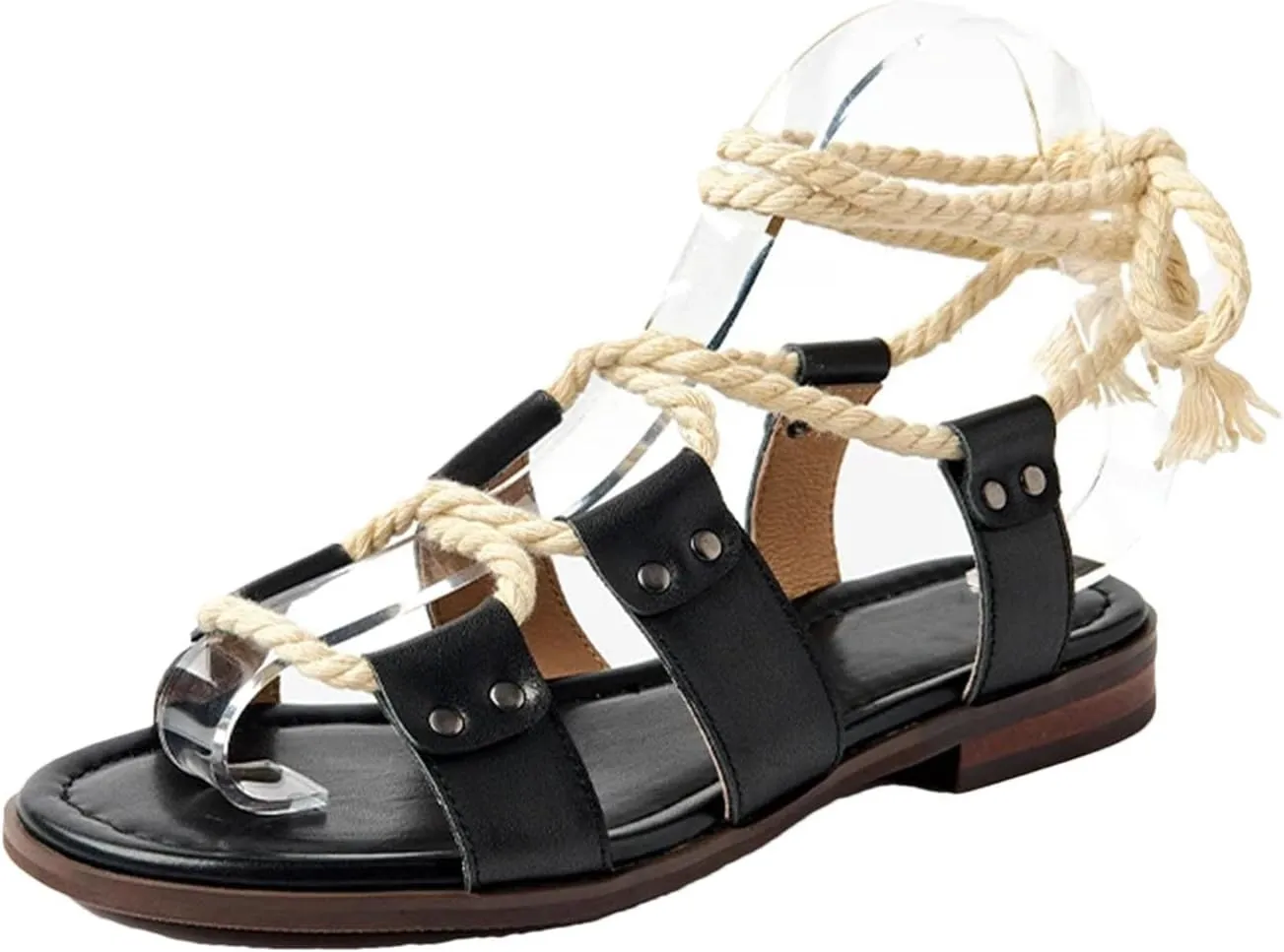 Women's Rope Lace-Up Sandals - Cow Leather Open Toe Casual Summer Flats