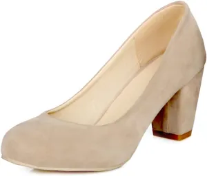 Women's Round Toe Chunky Block Mid Heel Pumps Suede Slip-On Casual Comfort Work Office Dress Shoes