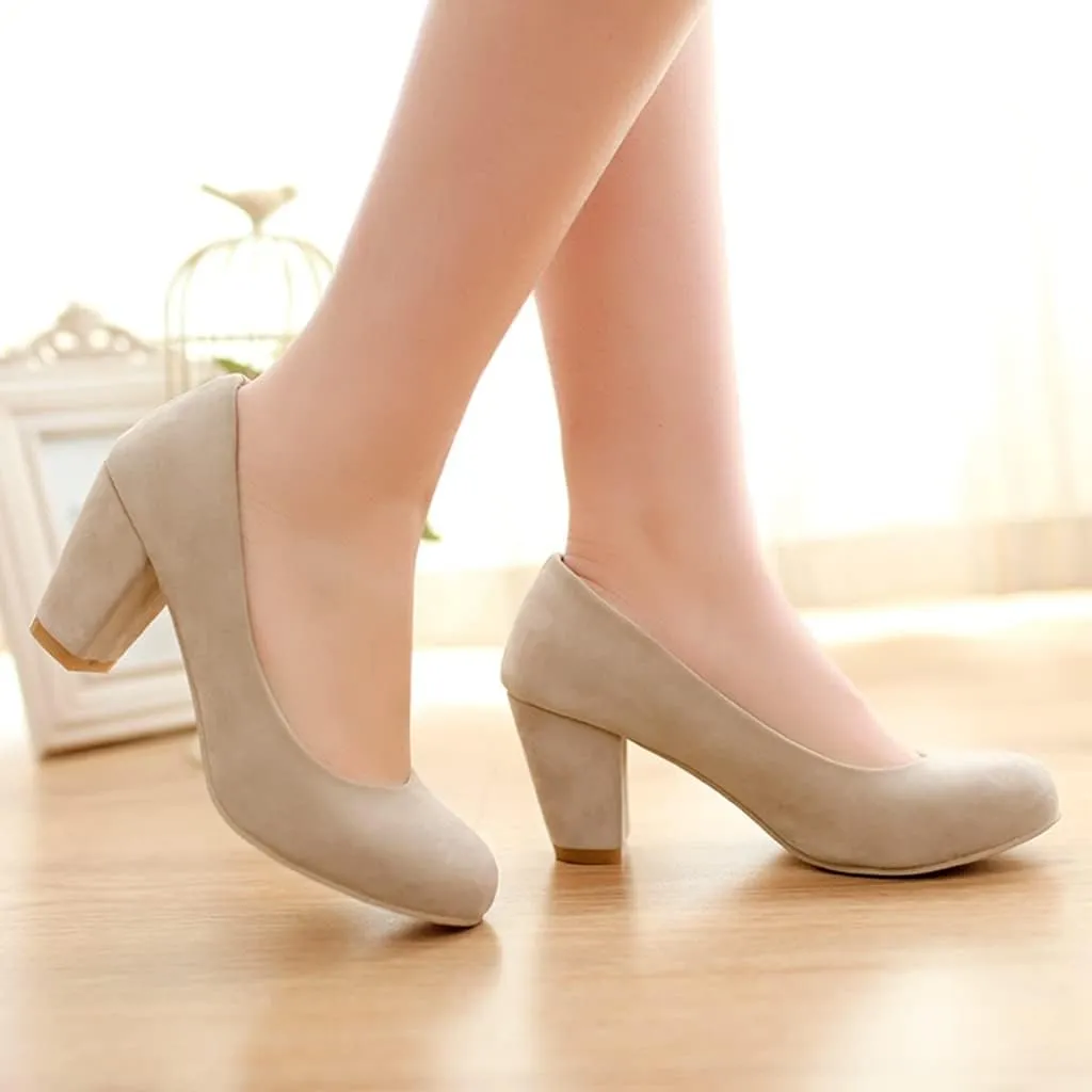 Women's Round Toe Chunky Block Mid Heel Pumps Suede Slip-On Casual Comfort Work Office Dress Shoes