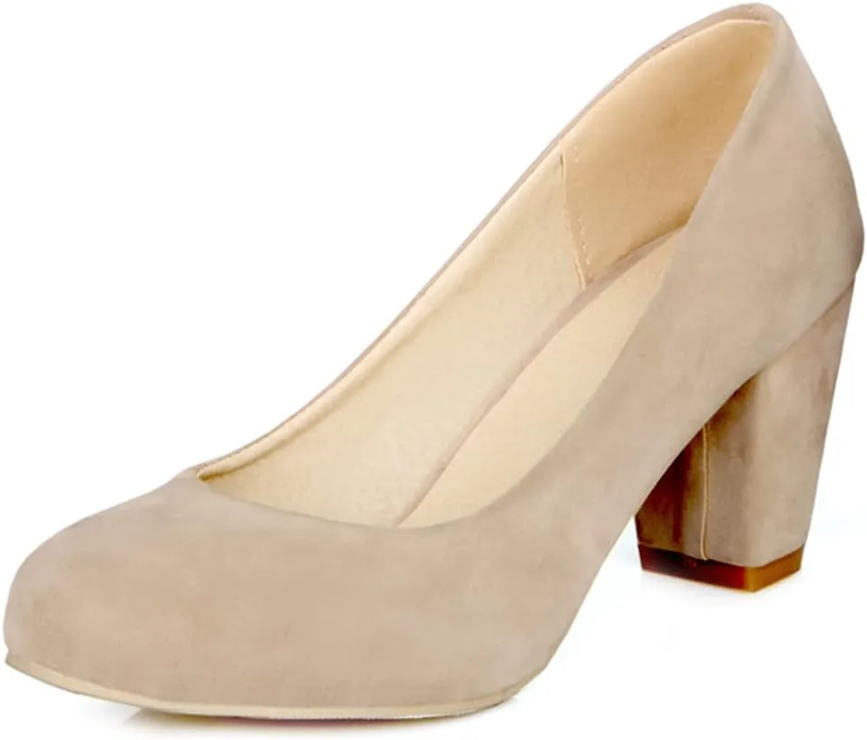 Women's Round Toe Chunky Block Mid Heel Pumps Suede Slip-On Casual Comfort Work Office Dress Shoes