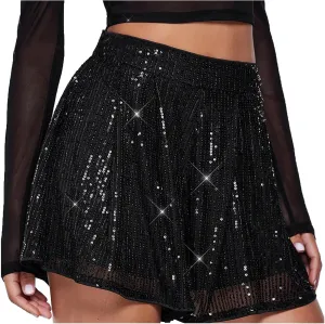 Women's Skirts Sequined Shiny Ruched High Waisted Wide Leg Skorts Baggy Elastic Waist Casual Trendy Comfort Shorts 2025