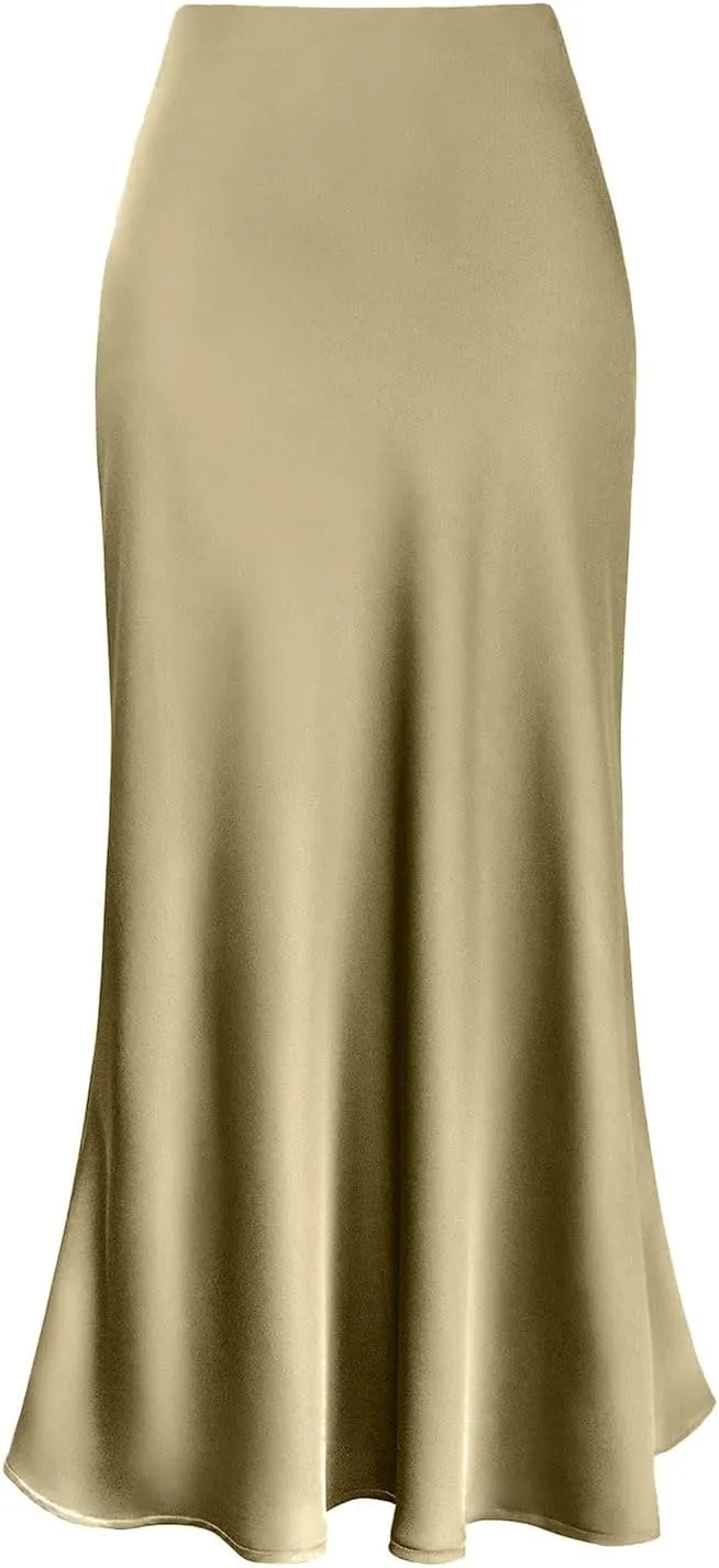 Women's Spring Summer Skirt 2024 Silk Elegant Ruffled Smooth High Waist Cocktail Party Wedding Mermaid Hem Satin Maxi Skirts