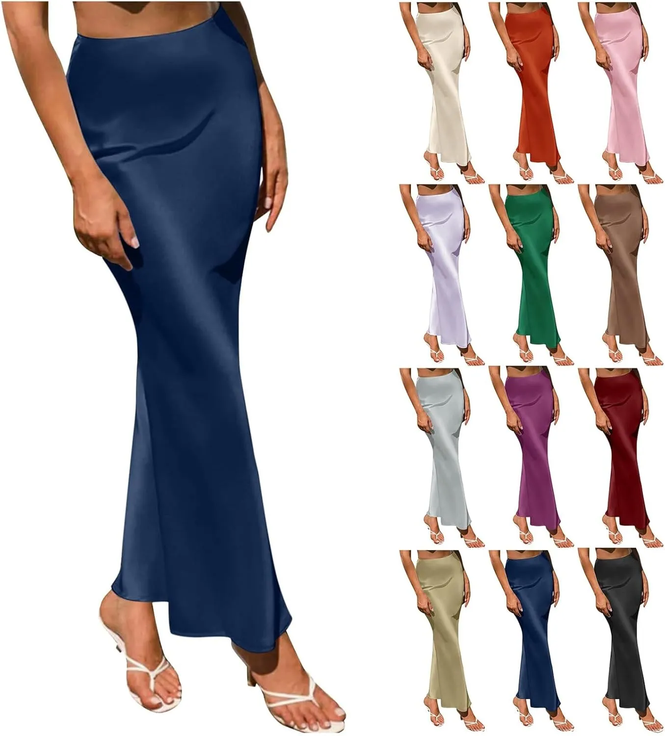 Women's Spring Summer Skirt 2024 Silk Elegant Ruffled Smooth High Waist Cocktail Party Wedding Mermaid Hem Satin Maxi Skirts