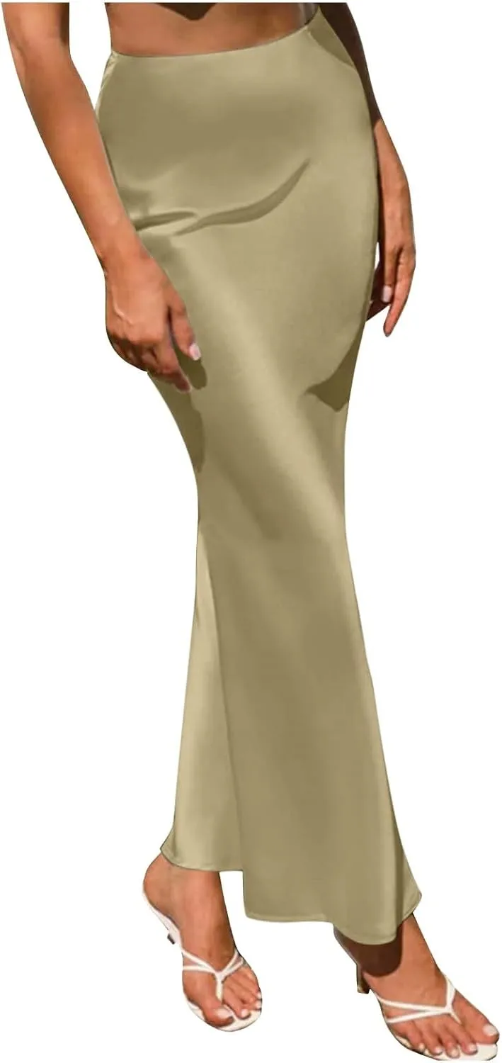 Women's Spring Summer Skirt 2024 Silk Elegant Ruffled Smooth High Waist Cocktail Party Wedding Mermaid Hem Satin Maxi Skirts