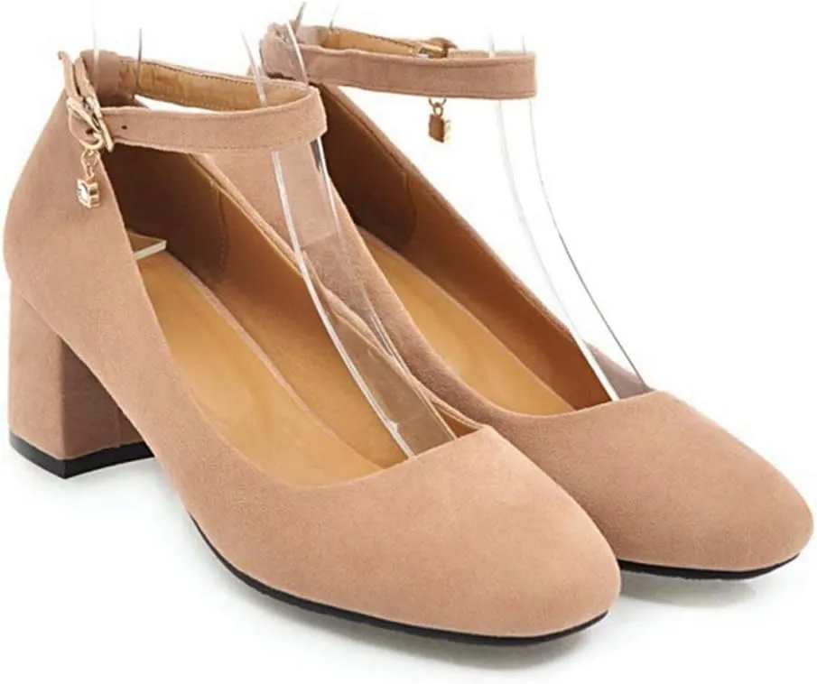 Women's Square Toe Chunky Mid Block Heel Pumps Suede Ankle Strap Comfortable Office Dress Shoes