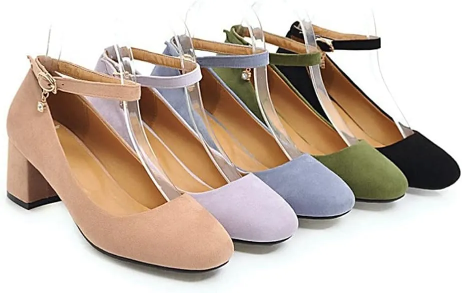 Women's Square Toe Chunky Mid Block Heel Pumps Suede Ankle Strap Comfortable Office Dress Shoes