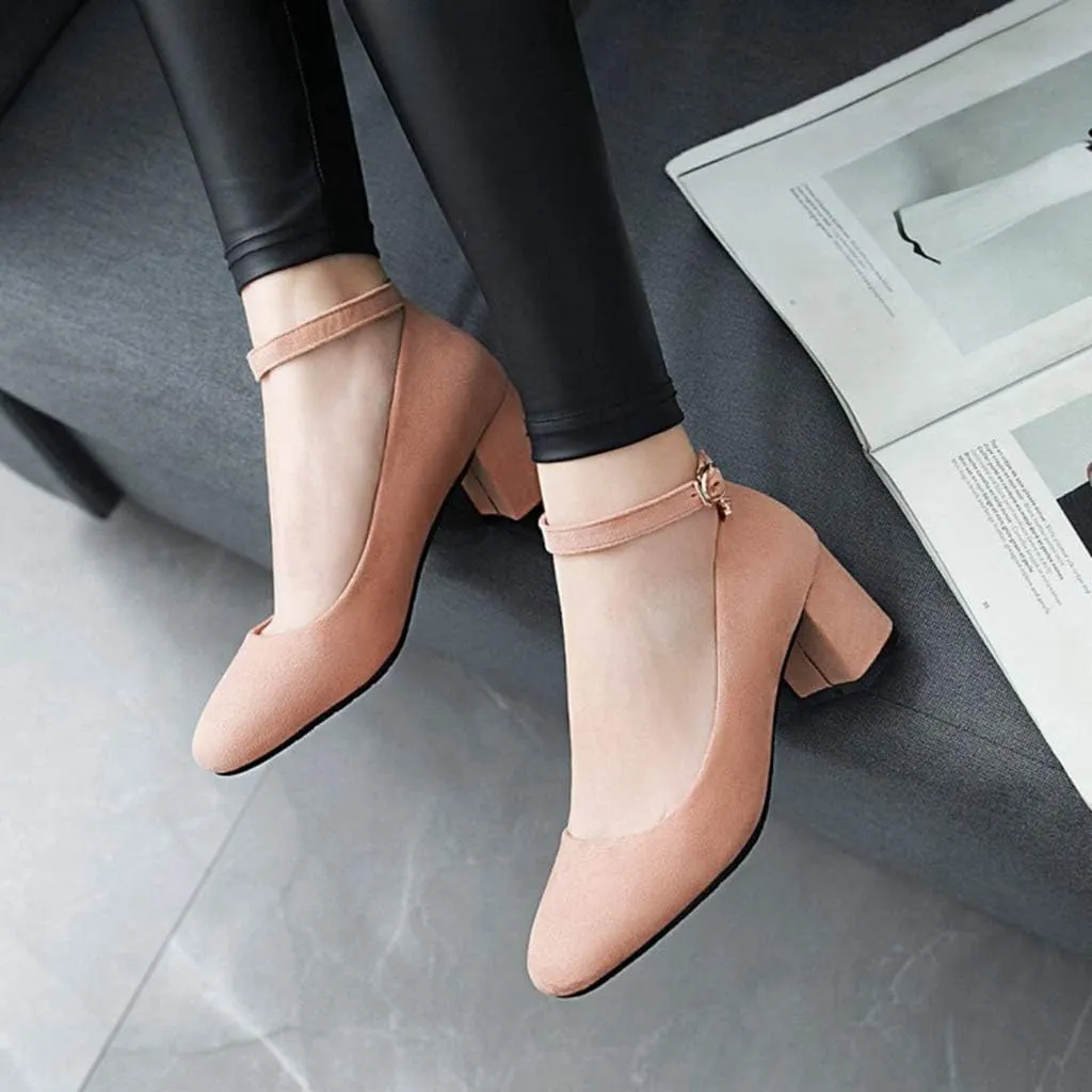 Women's Square Toe Chunky Mid Block Heel Pumps Suede Ankle Strap Comfortable Office Dress Shoes