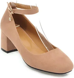 Women's Square Toe Chunky Mid Block Heel Pumps Suede Ankle Strap Comfortable Office Dress Shoes