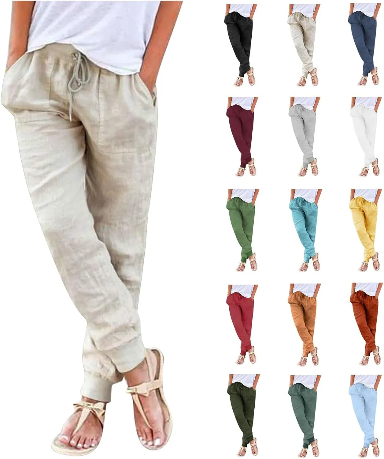 Womens Tapered Pants Cotton Linen Drawstring Elastic Waist Pants Casual Trousers with Pockets Joggers Travel Slacks