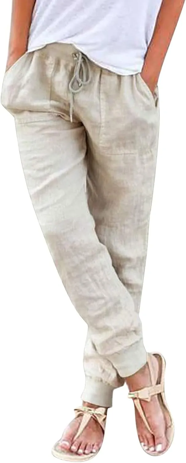 Womens Tapered Pants Cotton Linen Drawstring Elastic Waist Pants Casual Trousers with Pockets Joggers Travel Slacks
