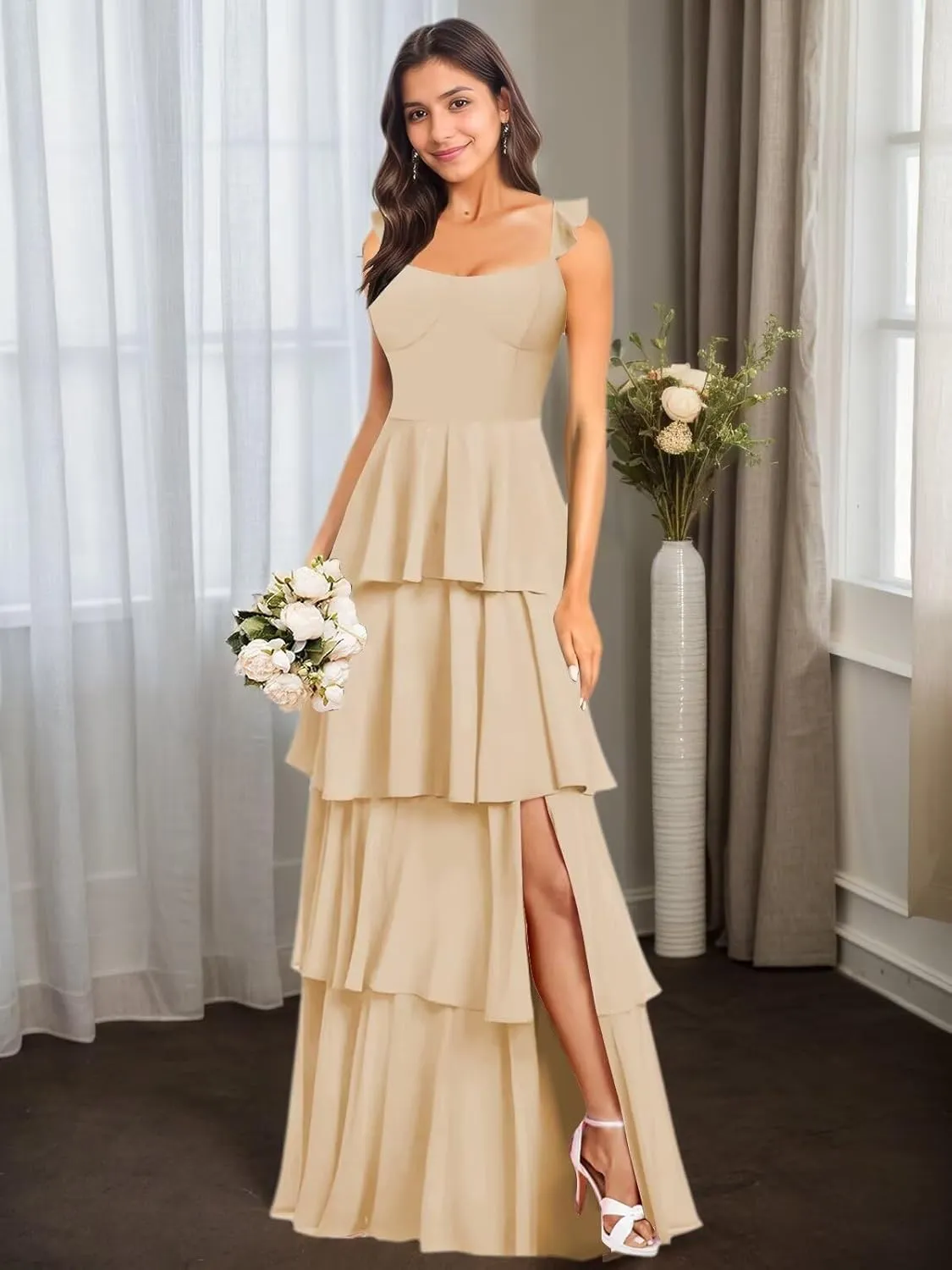 Women's Tiered Bridesmaid Dresses Chiffon for Wedding Ruffle Long Square Neck Evening Prom Gowns with Slit
