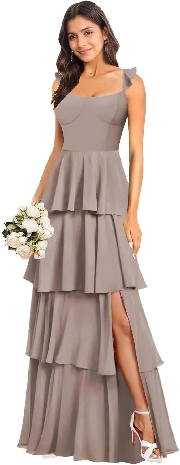 Women's Tiered Bridesmaid Dresses Chiffon for Wedding Ruffle Long Square Neck Evening Prom Gowns with Slit