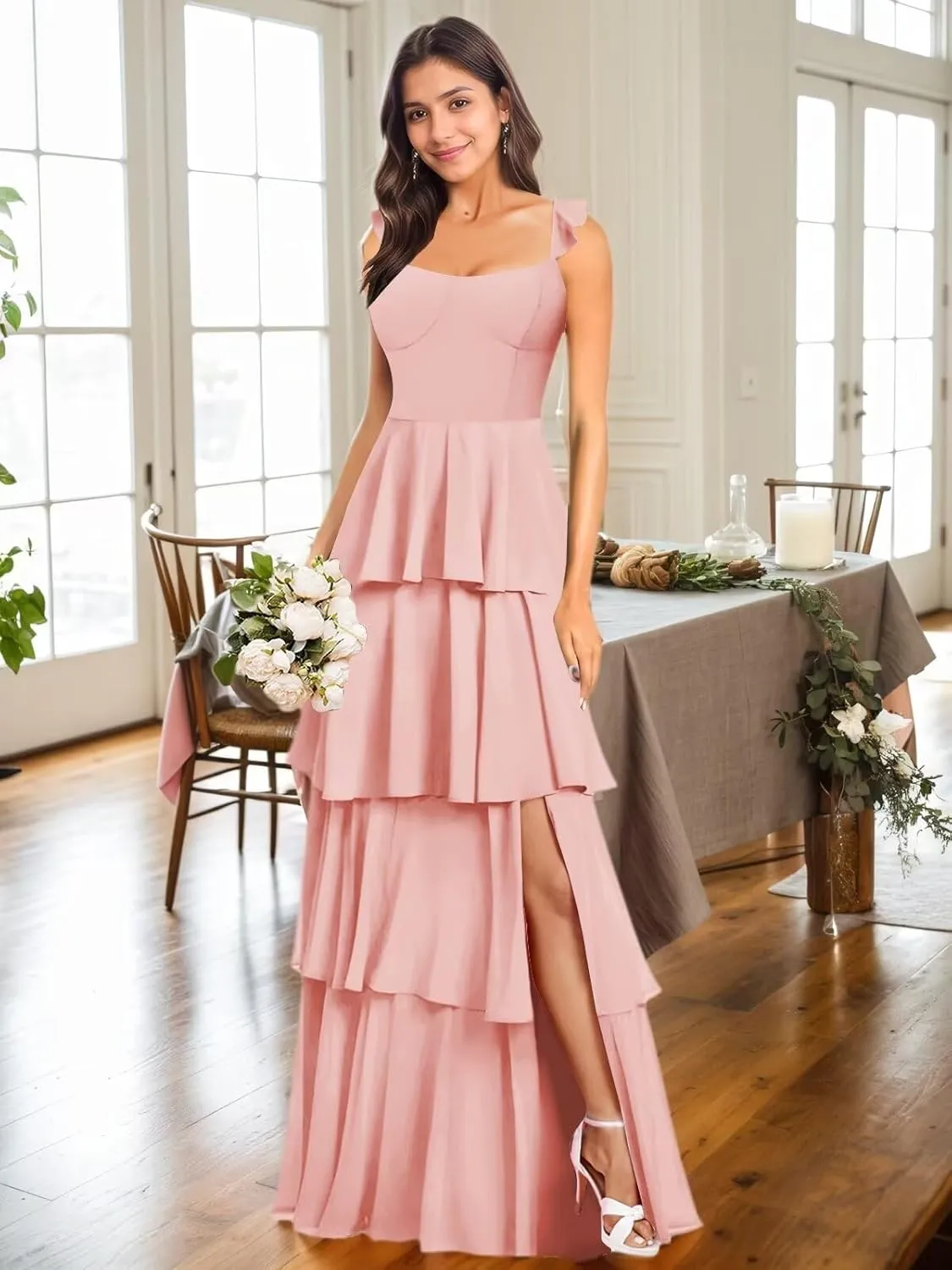Women's Tiered Bridesmaid Dresses Chiffon for Wedding Ruffle Long Square Neck Evening Prom Gowns with Slit