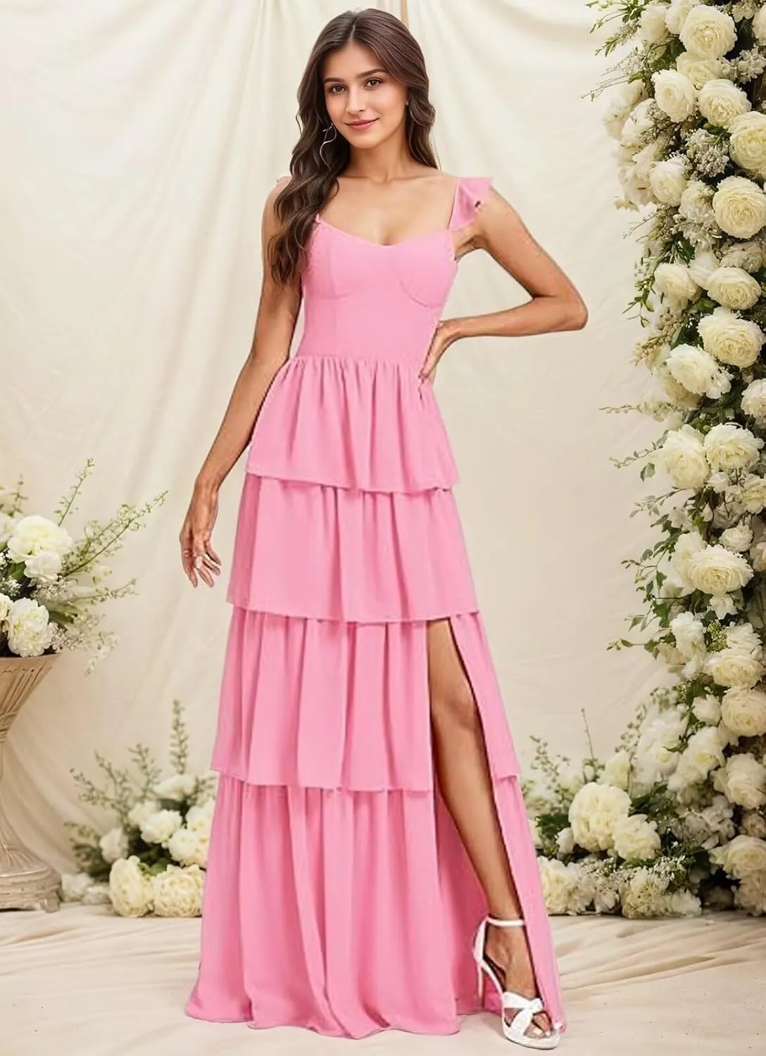 Women's Tiered Bridesmaid Dresses Chiffon for Wedding Ruffle Long Square Neck Evening Prom Gowns with Slit