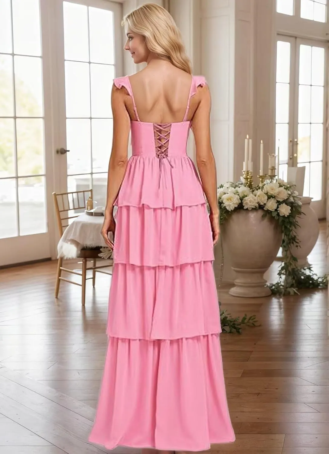 Women's Tiered Bridesmaid Dresses Chiffon for Wedding Ruffle Long Square Neck Evening Prom Gowns with Slit