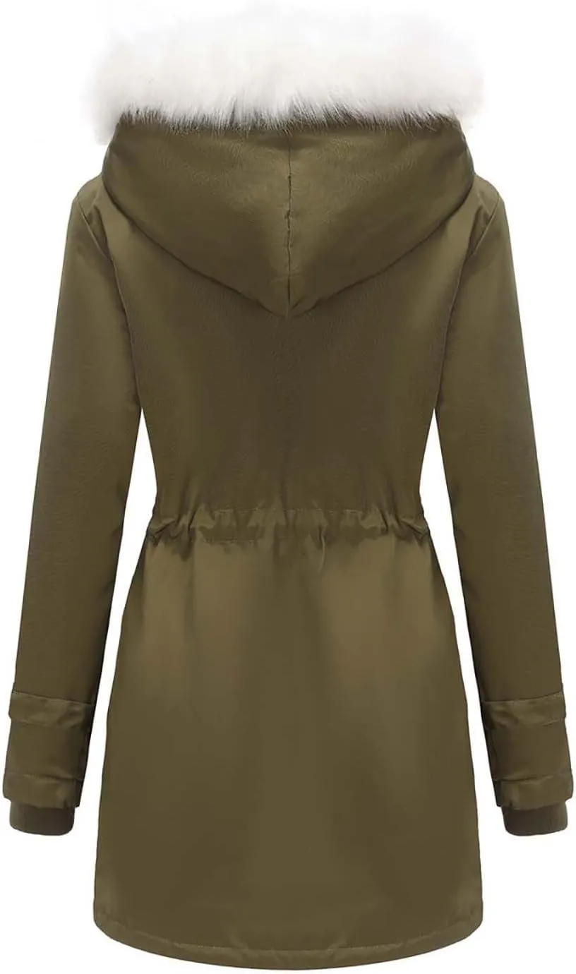 Womens Winter Coats Fleece Wram Lined Parka Thicken Waterproof Trench Long Puffer Jacket Down Coat Faux Fur Hooded