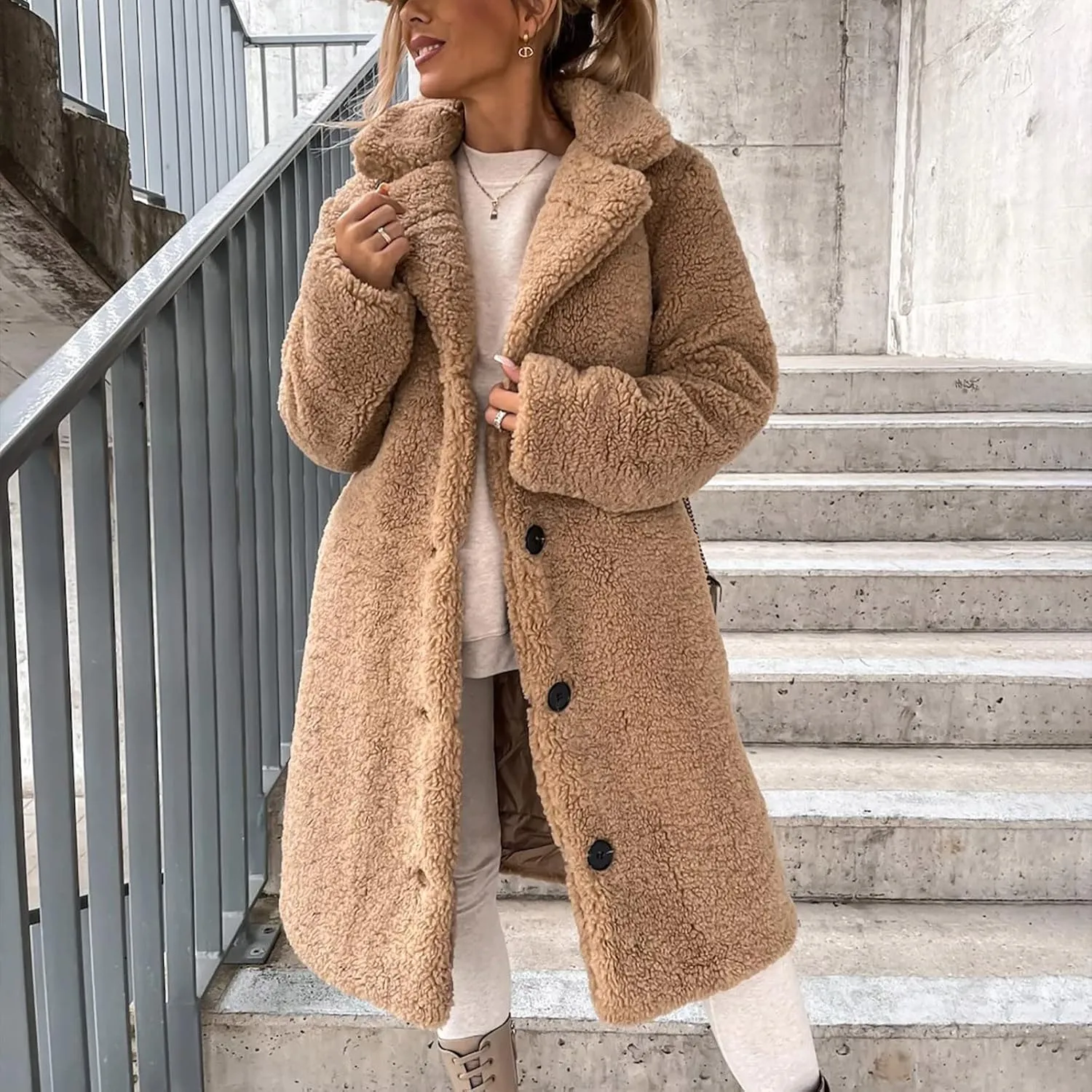 Womens Winter Coats Fuzzy Fleece Sherpa Jackets Button Down Lapel Long Trench Coats Plus Size Overcoat Warm Outerwear