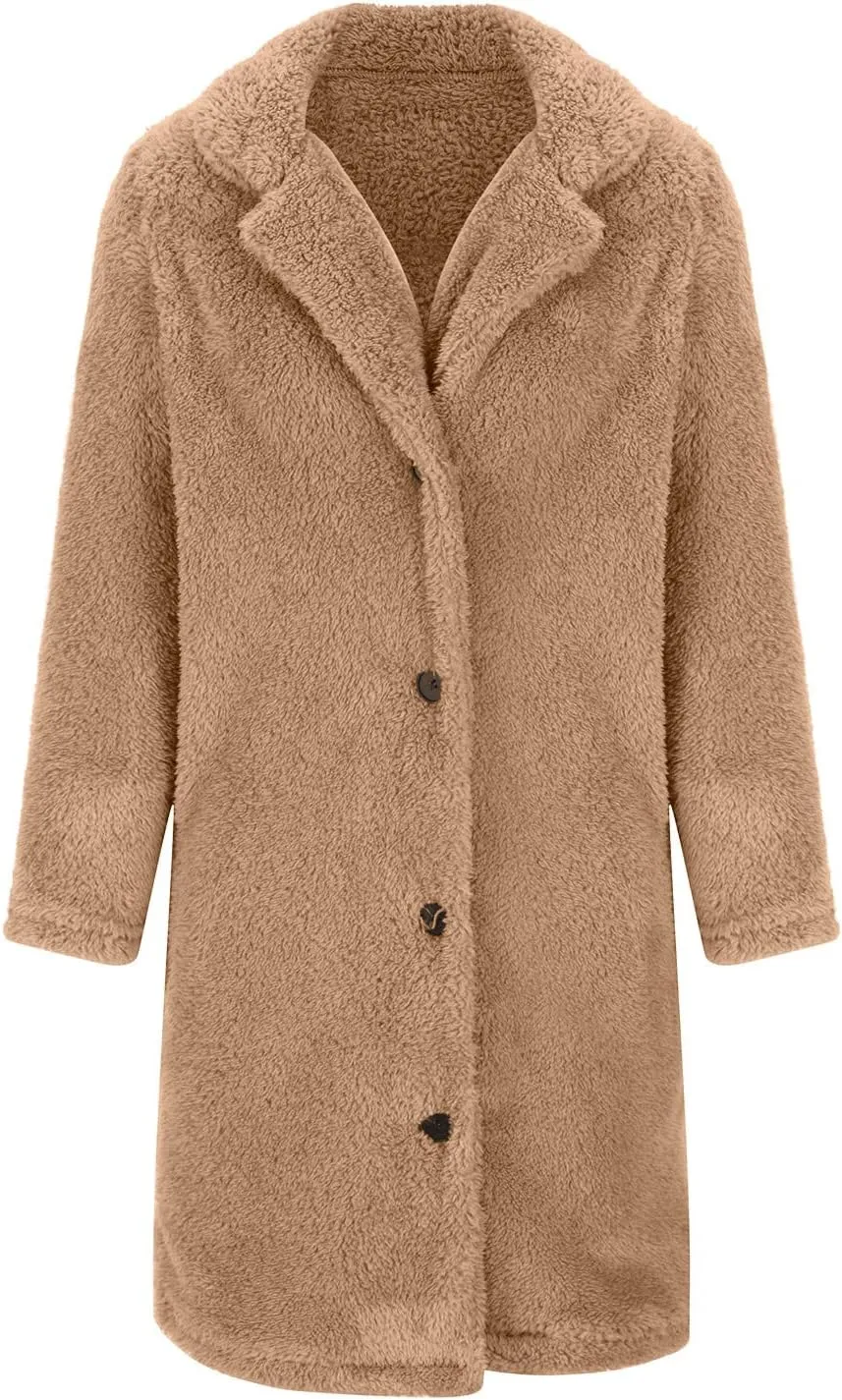 Womens Winter Coats Fuzzy Fleece Sherpa Jackets Button Down Lapel Long Trench Coats Plus Size Overcoat Warm Outerwear