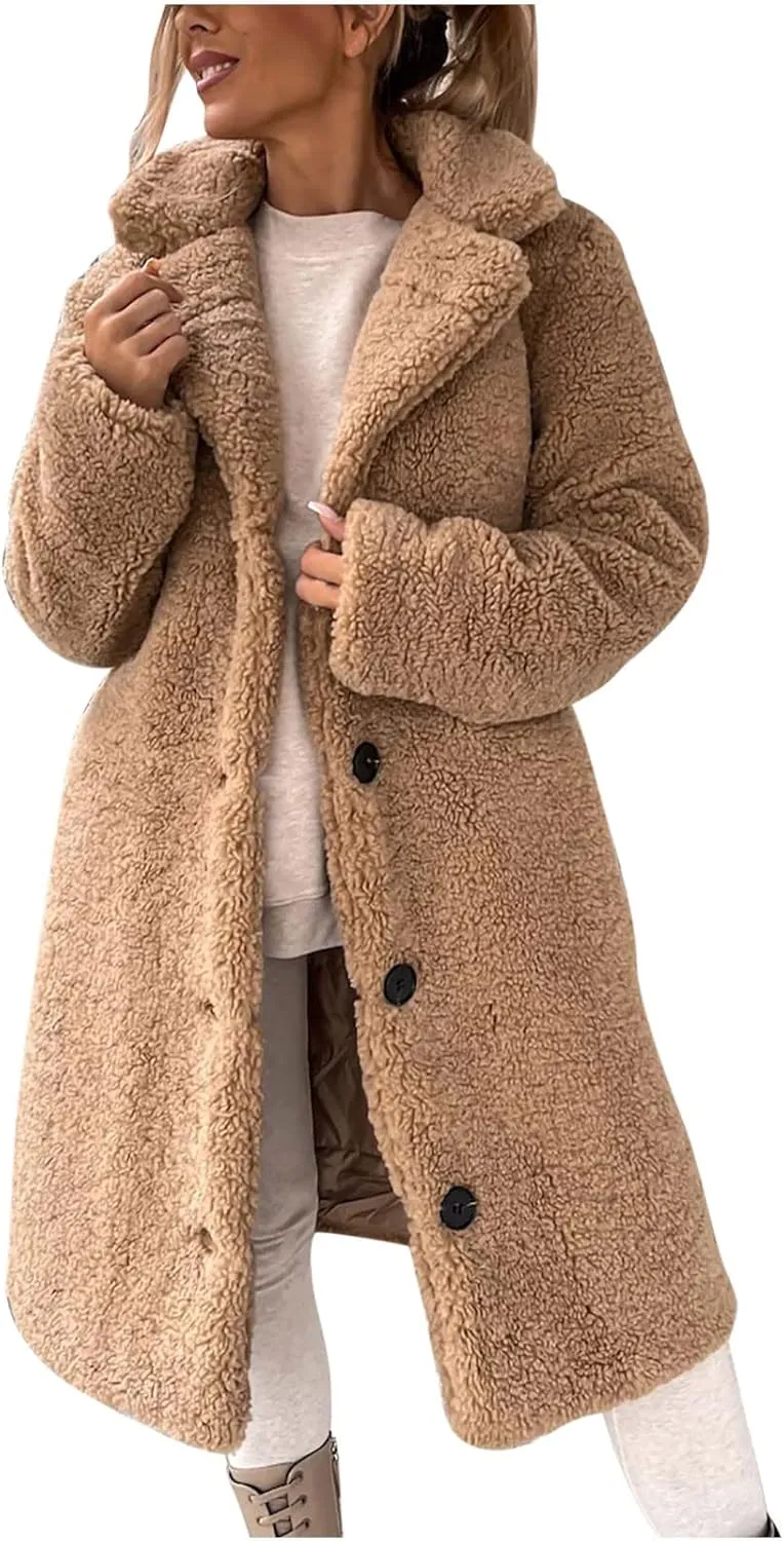 Womens Winter Coats Fuzzy Fleece Sherpa Jackets Button Down Lapel Long Trench Coats Plus Size Overcoat Warm Outerwear
