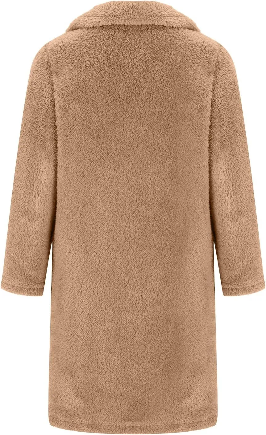 Womens Winter Coats Fuzzy Fleece Sherpa Jackets Button Down Lapel Long Trench Coats Plus Size Overcoat Warm Outerwear