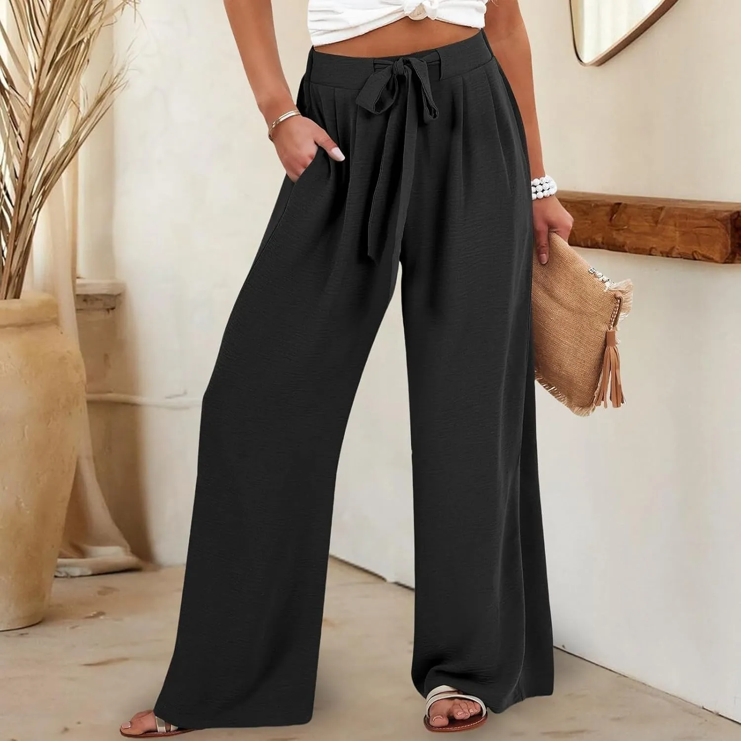 Women's Work Pants Wide Leg 2025 Paperbag Dress Pants Casual Belted Slacks Office Trousers High Waisted with Pockets